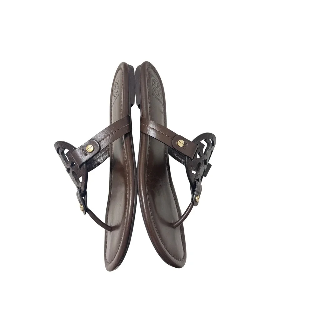 Tory Burch Miller Sandals Womens 6 Brown Leather Logo Thong Flat 5930 K17